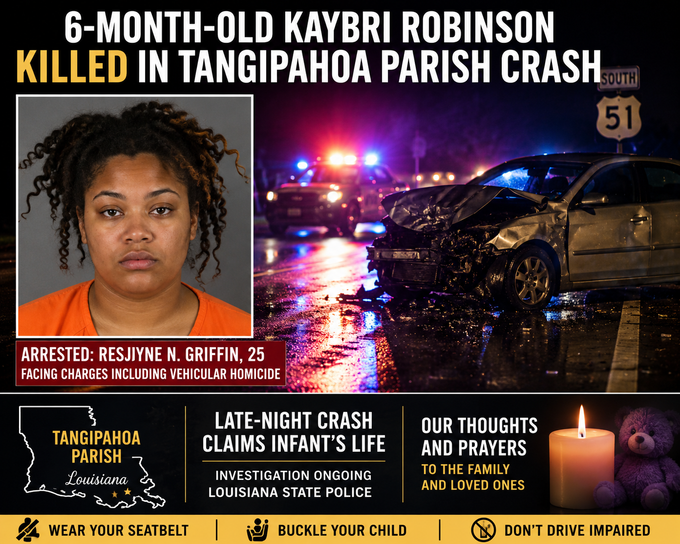 Kaybri Robinson Death, Obituary, Tangipahoa Parish, Louisiana – 6-Month-Old Dies in Crash, Driver Arrested